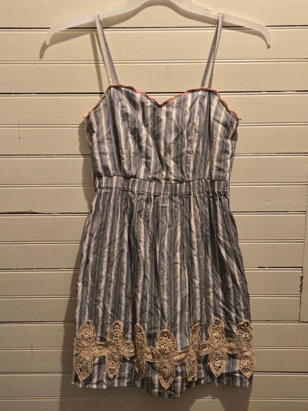 Timi Dress Womens S Striped Sundress Spaghetti Strap Crochet Hem Blue White